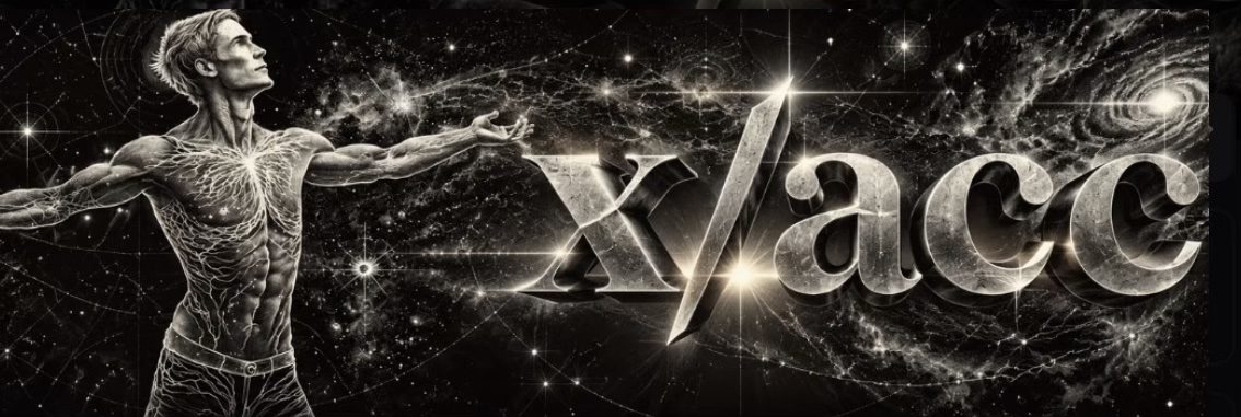 x/acc banner: a figure reaching across a star field toward chiseled silver x/acc lettering